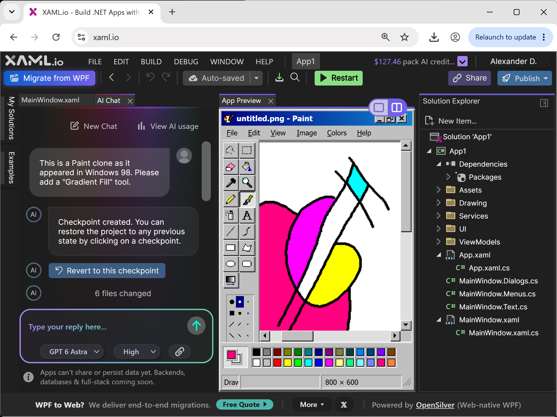 The AI agent, the editable C#/XAML source, and the running application, side by side in XAML.io v0.9.