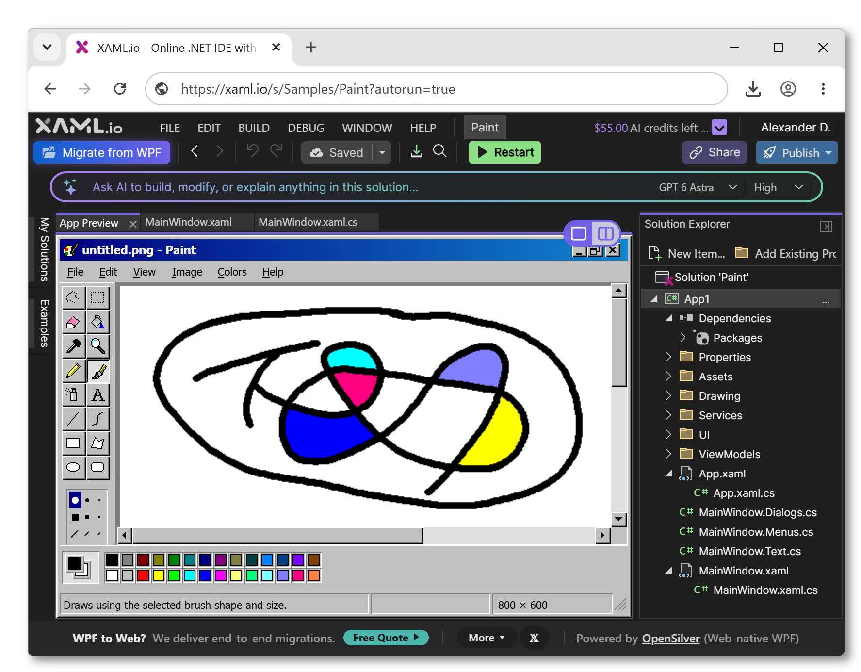 Paint, recreated from a single prompt in XAML.io v0.9.