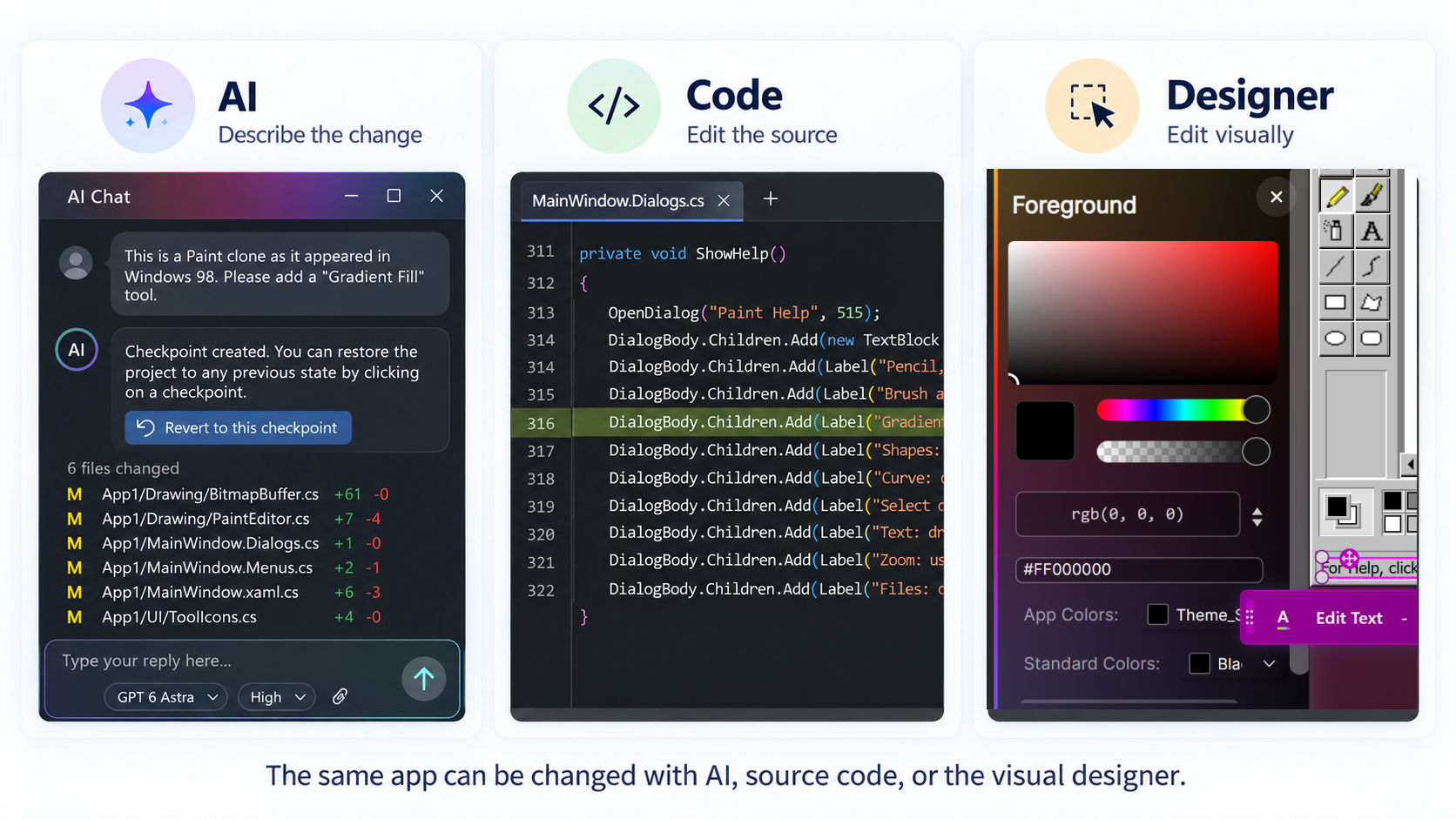 One application, three ways to change it: AI, source code, or the visual XAML designer.