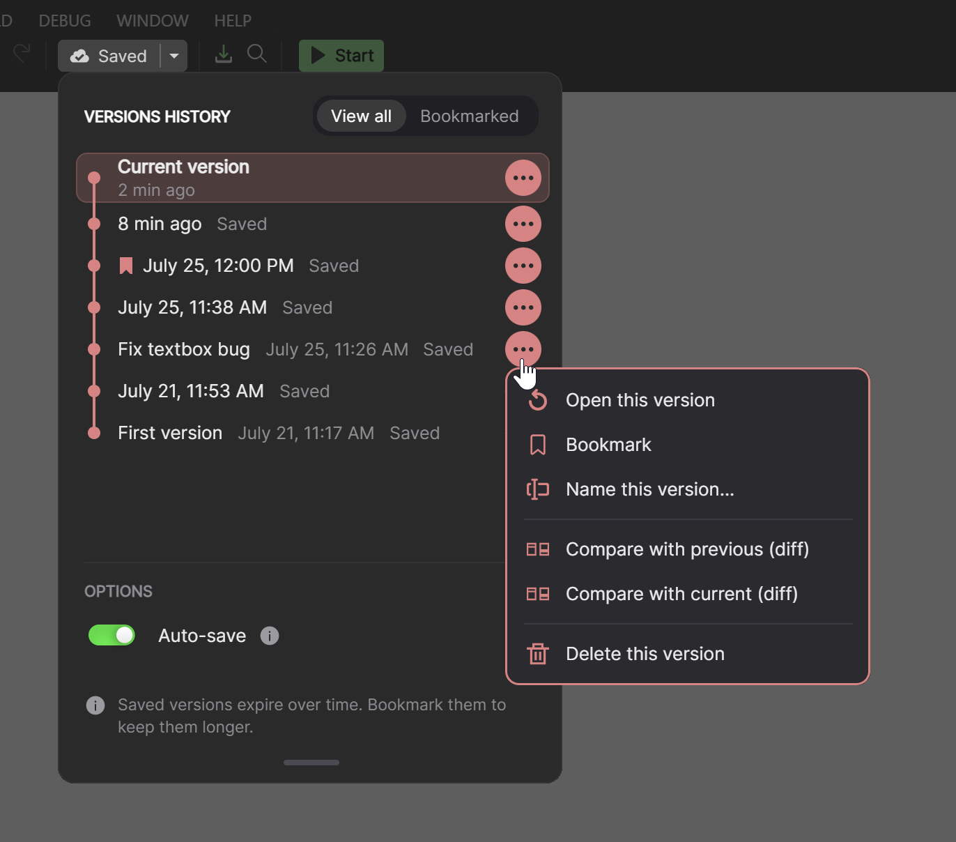 Reviewing an earlier project checkpoint in Version History.