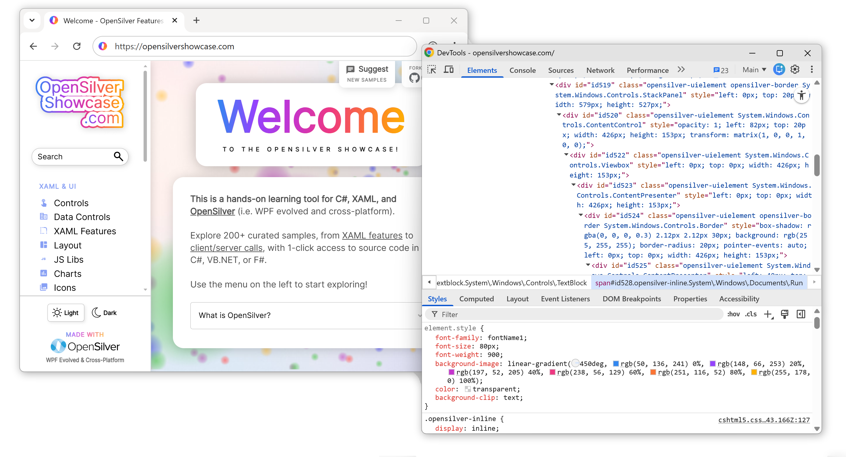 The DOM behind a running OpenSilver app. Every control is a real HTML element.