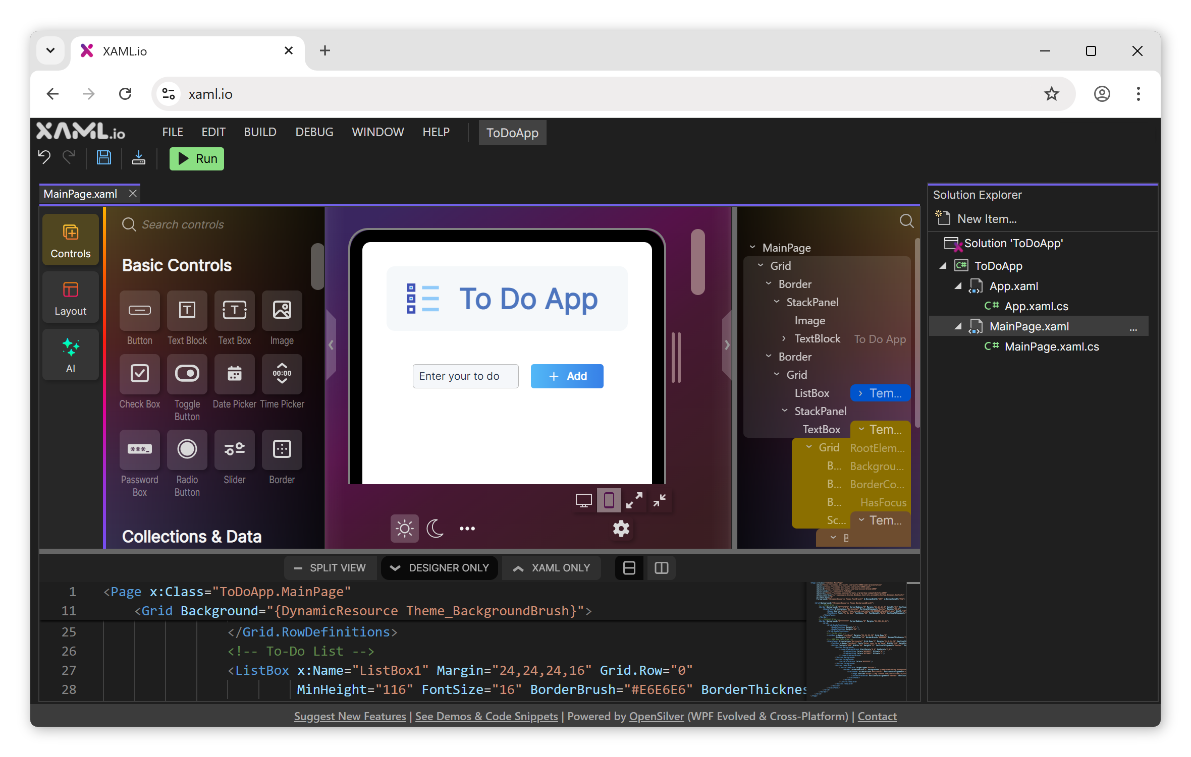 The browser-based IDE showing Solution Explorer, code editor, and visual designer.