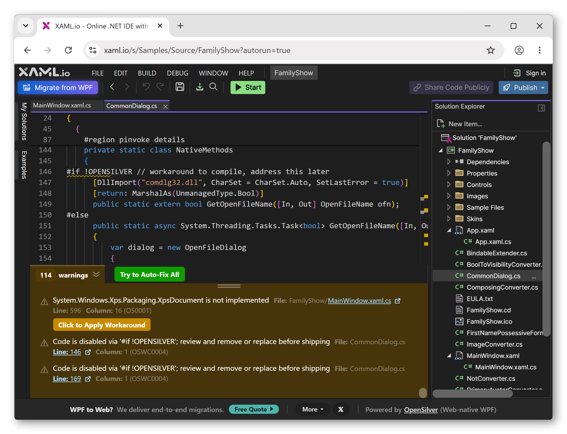 Automatic migration edits surfaced as reviewable Warnings.