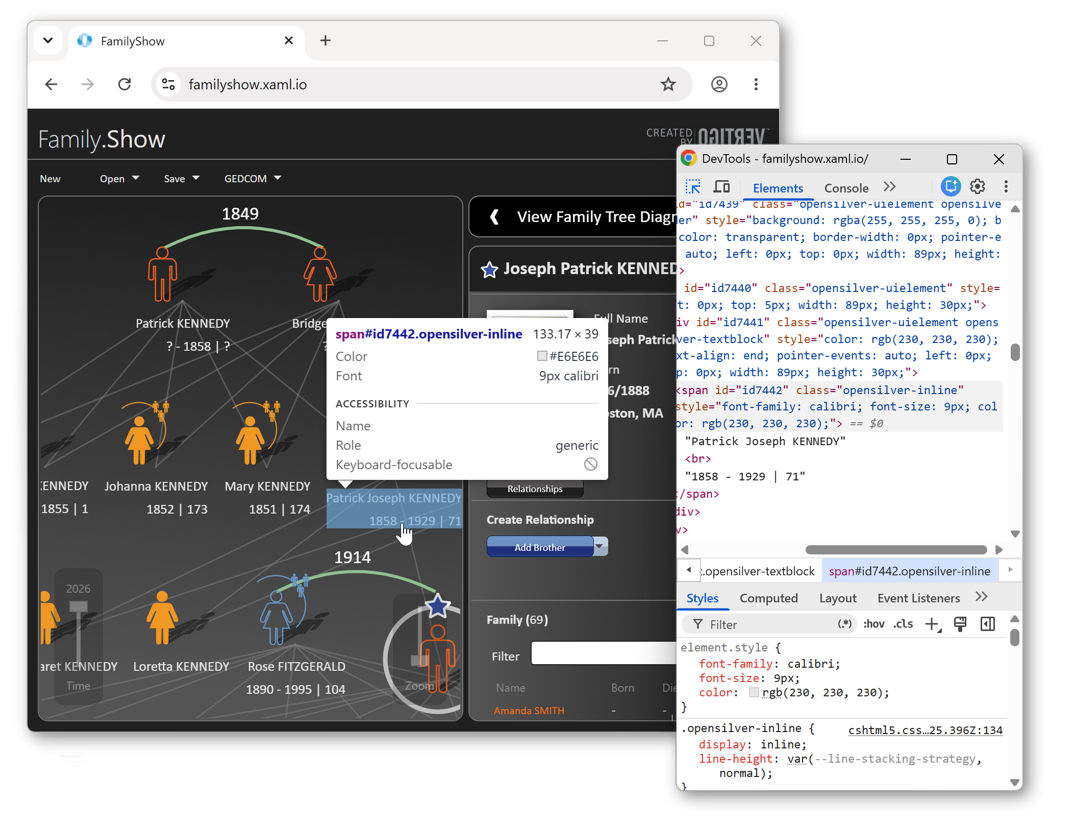 Browser devtools showing a migrated XAML UI rendered as real HTML DOM.