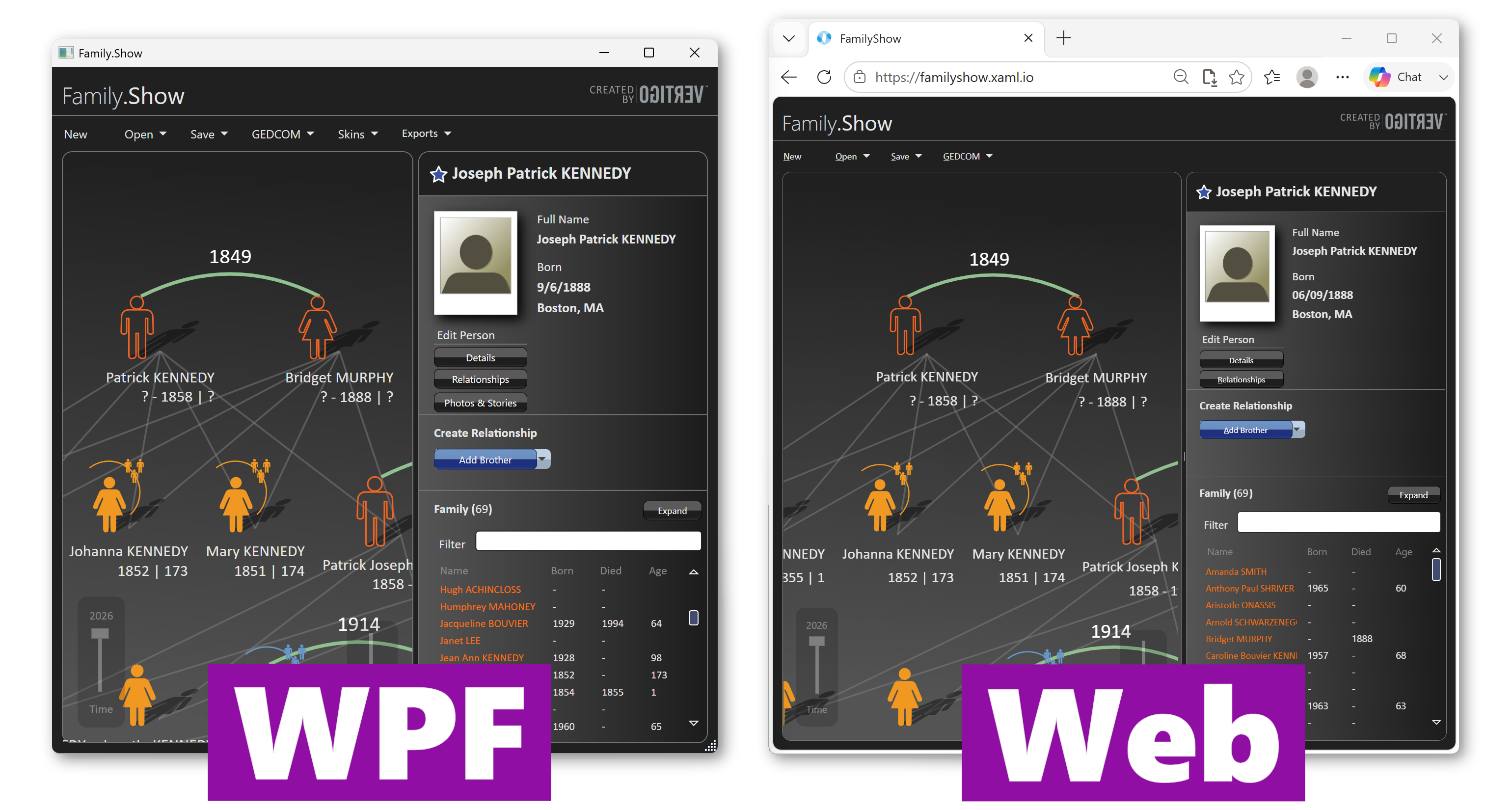 Family.Show as the original Windows WPF desktop app (left) and running in the browser after migration to OpenSilver (right). 97% of the original code is unchanged.