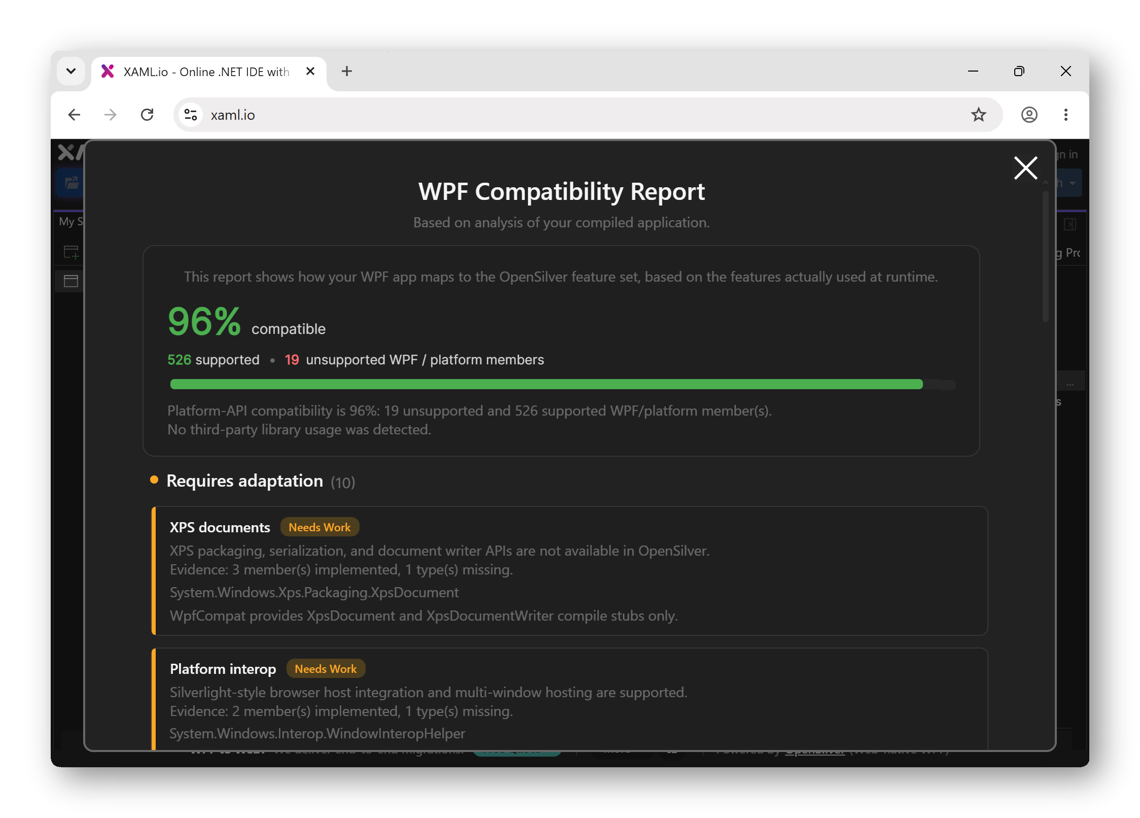 A WPF compatibility report in XAML.io, showing the overall percentage of platform APIs supported on OpenSilver today for a given WPF app, and a feature-by-feature breakdown of what works as-is, what needs adaptation, and what is blocking.
