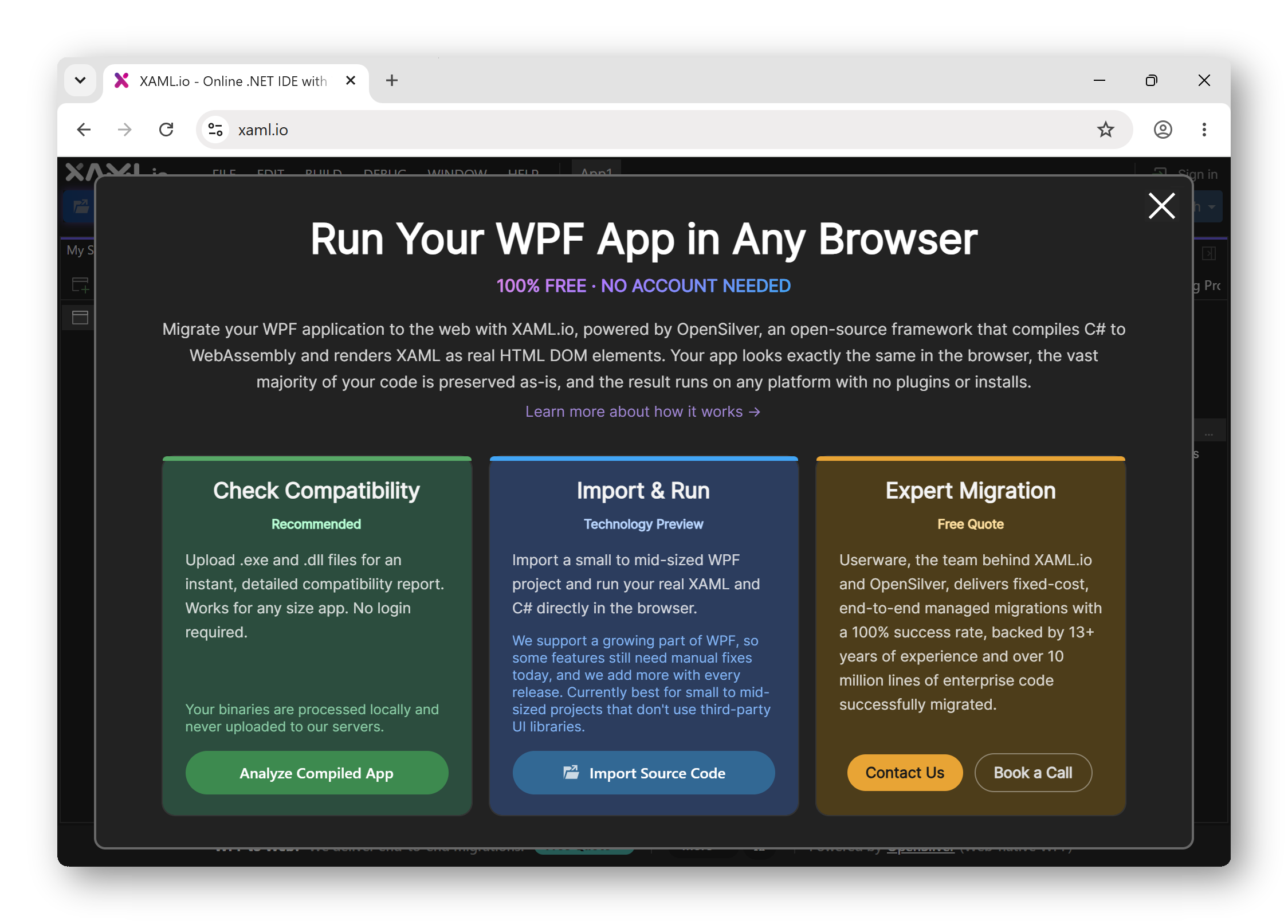 XAML.io’s “Migrate from WPF” window, offering three paths: analyze a compiled WPF app, import and run a project in the browser, or request an end-to-end migration.