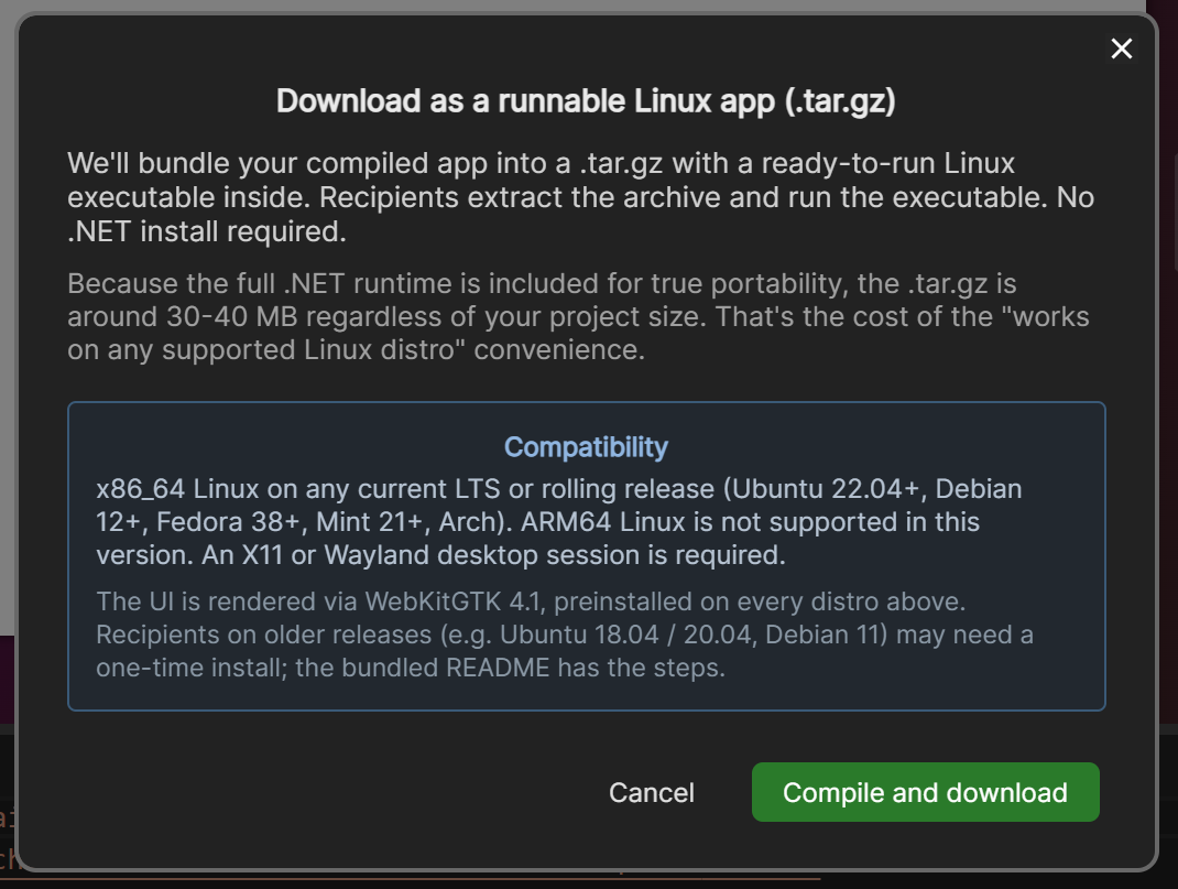 The Linux executable download dialog inside XAML.io.