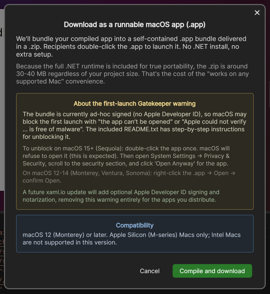The macOS .app download dialog inside XAML.io.