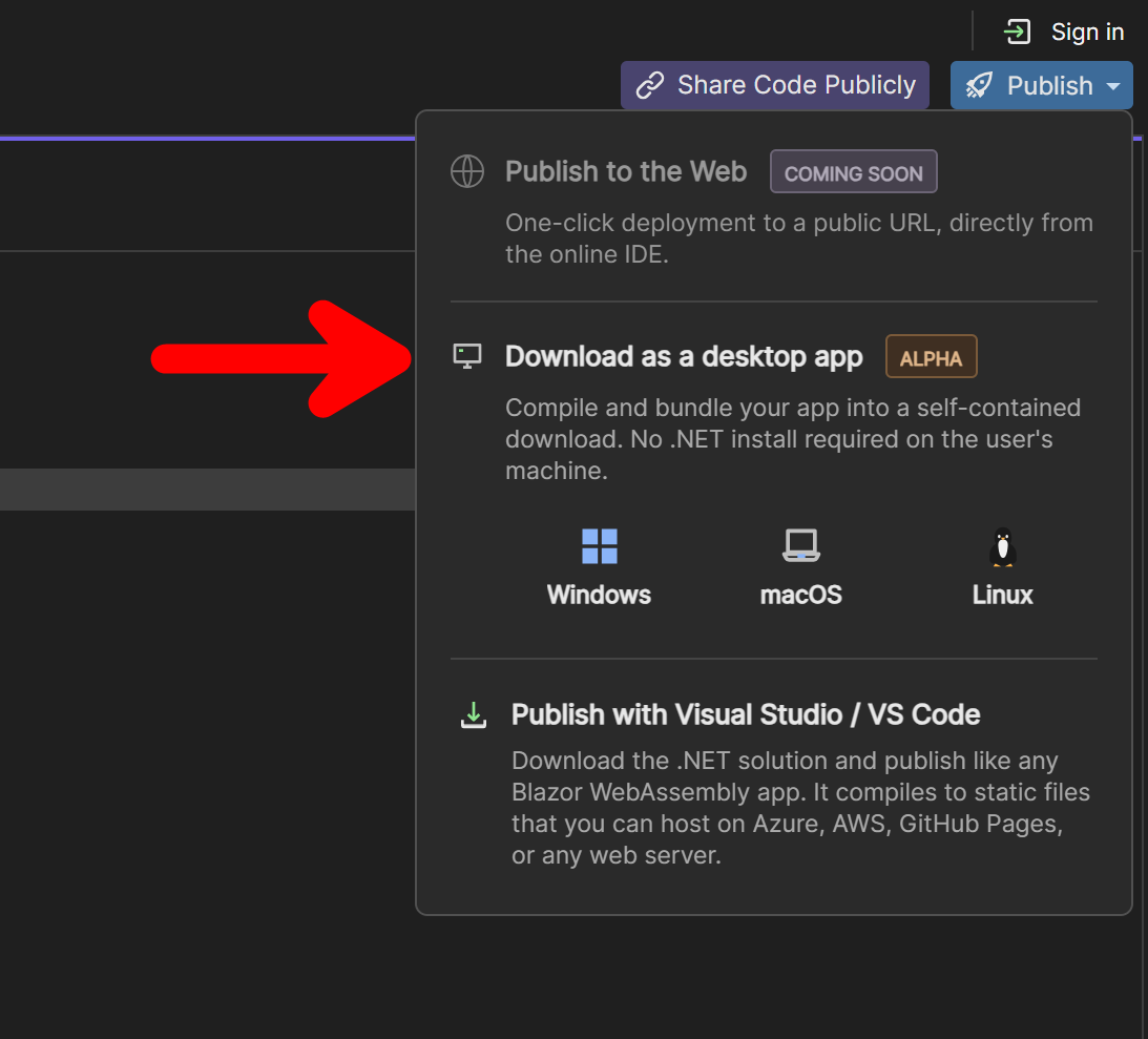 The Publish menu open in XAML.io, showing the three OS buttons under “Download as a desktop app”.
