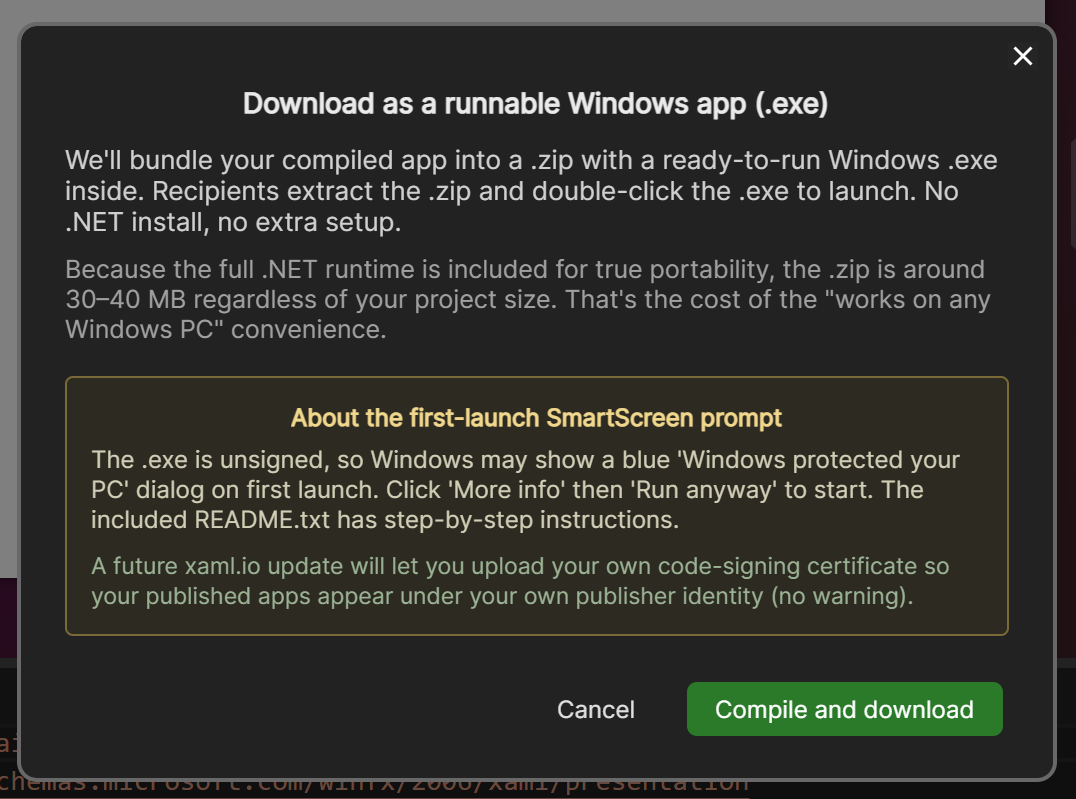 The Windows .exe download dialog inside XAML.io.