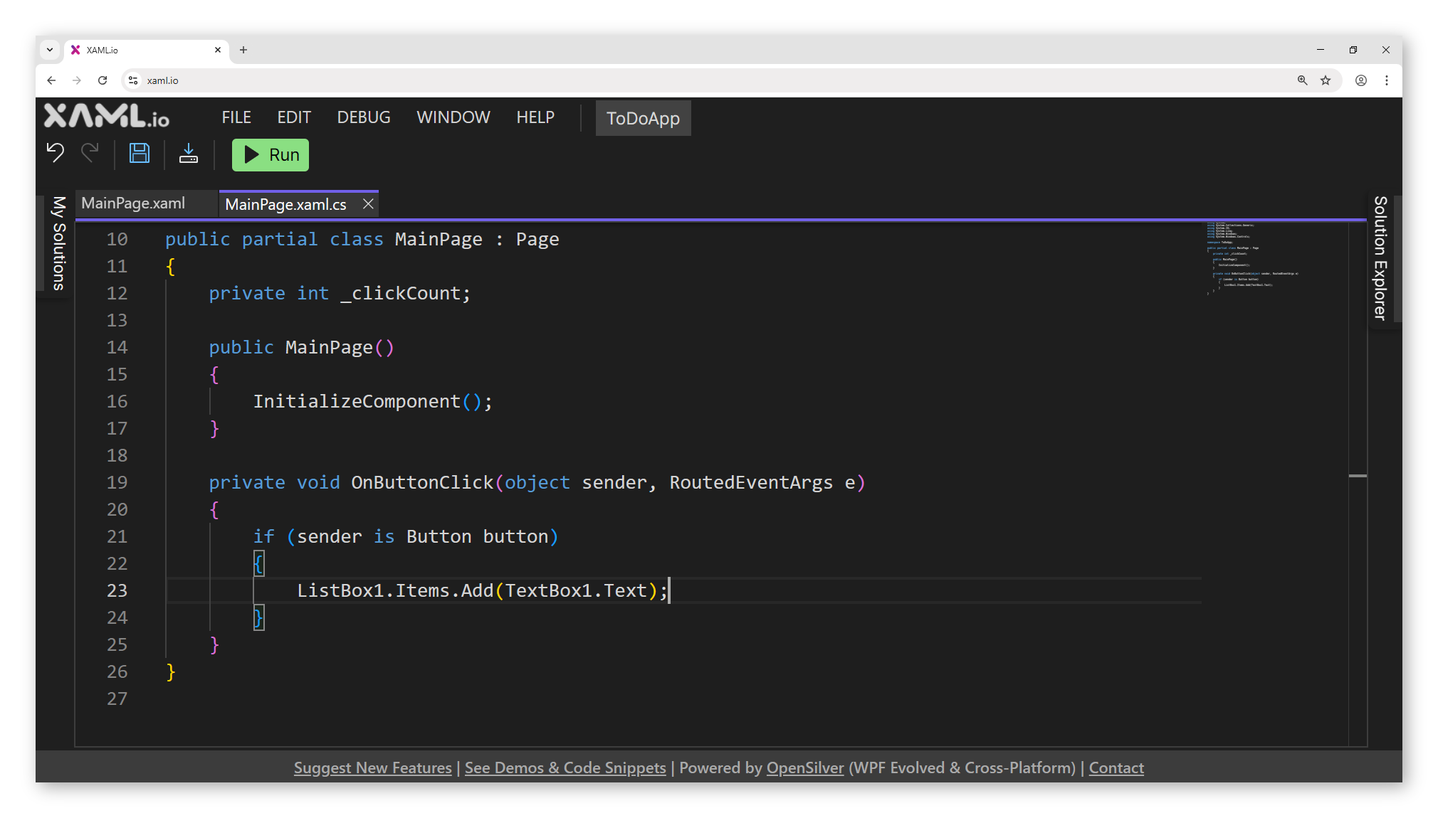 Code-behind support with C# event handlers