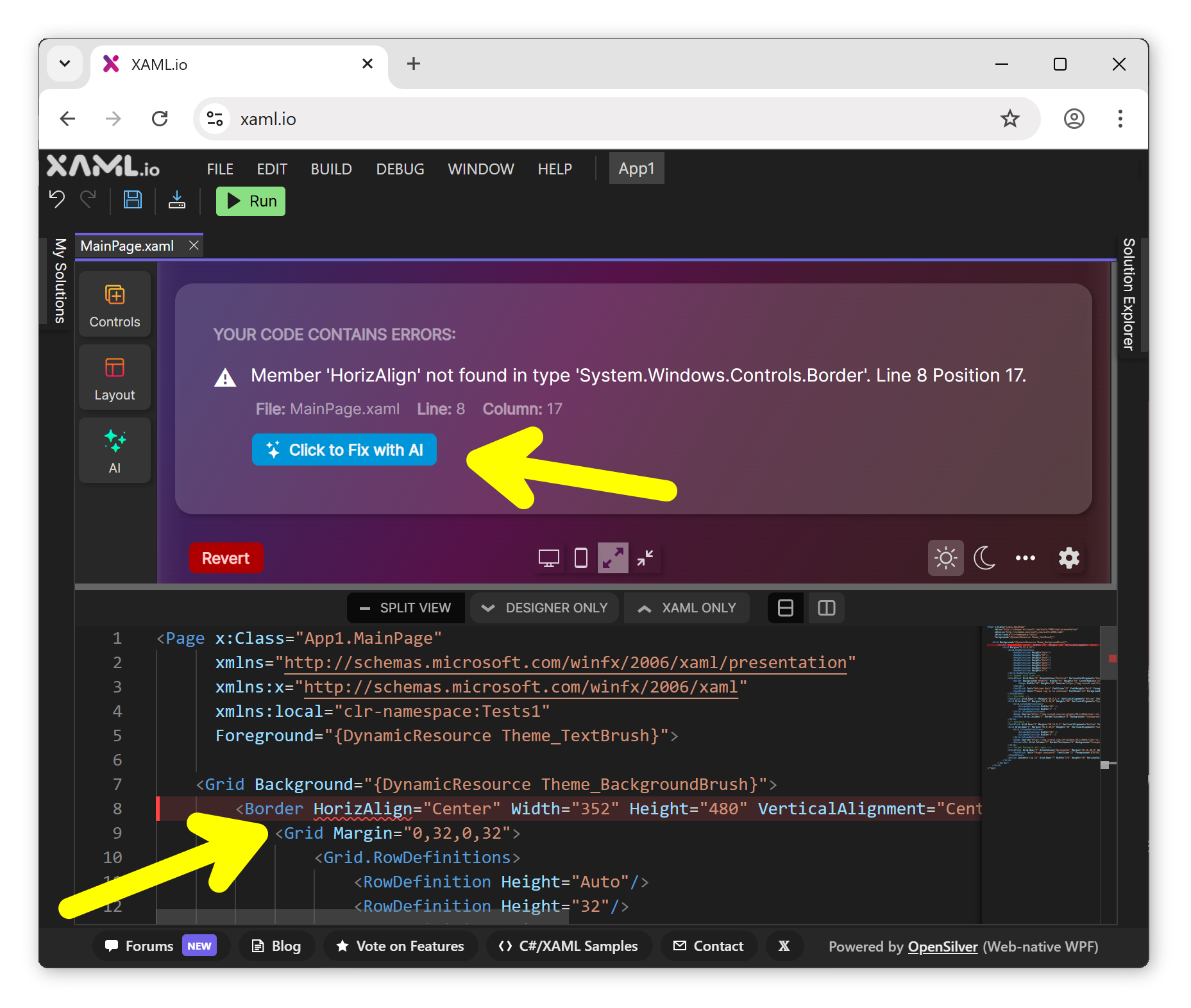 The “Fix with AI” button suggests a fix for a XAML compilation error.