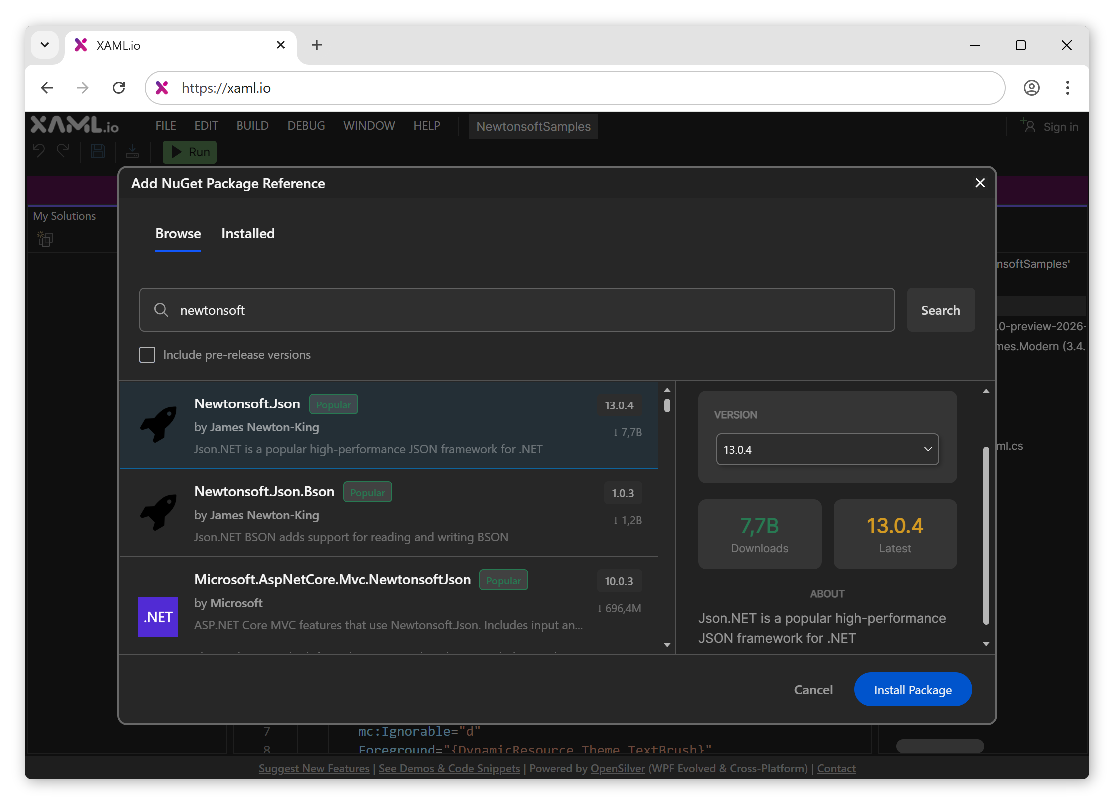 The NuGet Package Manager showing search results and version selection.