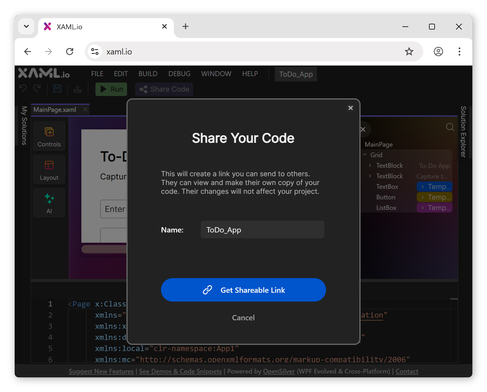 The Share Code dialog with a shareable URL ready to copy.