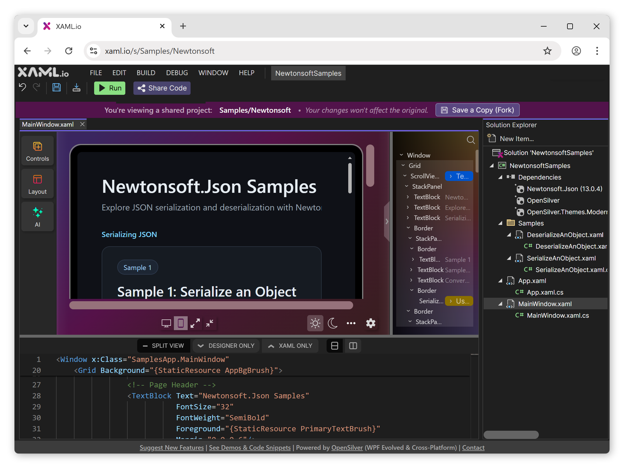 A shared Newtonsoft.Json sample project running in the XAML.io browser IDE.